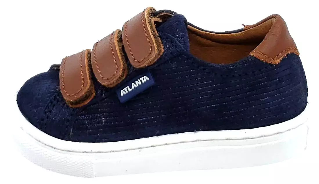 Atlanta Mocassin Boy's Triple Hook and Loop Closure Leather Sneakers, Navy/Brown