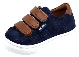 Atlanta Mocassin Boy's Triple Hook and Loop Closure Leather Sneakers, Navy/Brown