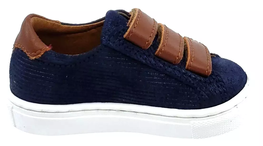 Atlanta Mocassin Boy's Triple Hook and Loop Closure Leather Sneakers, Navy/Brown