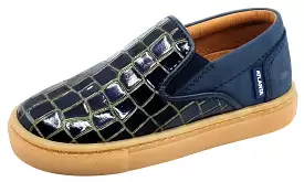 Atlanta Mocassin Girl's and Boy's Blue Embossed Leather Sneakers, Navy Blue/Gold