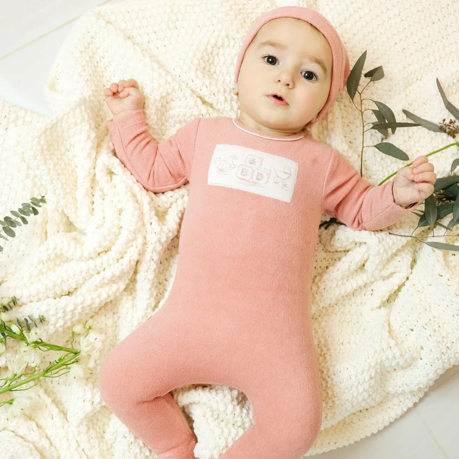 Bee & Dee Ditsy Pink Terry with Center Print Collection Stretchie and Beanie