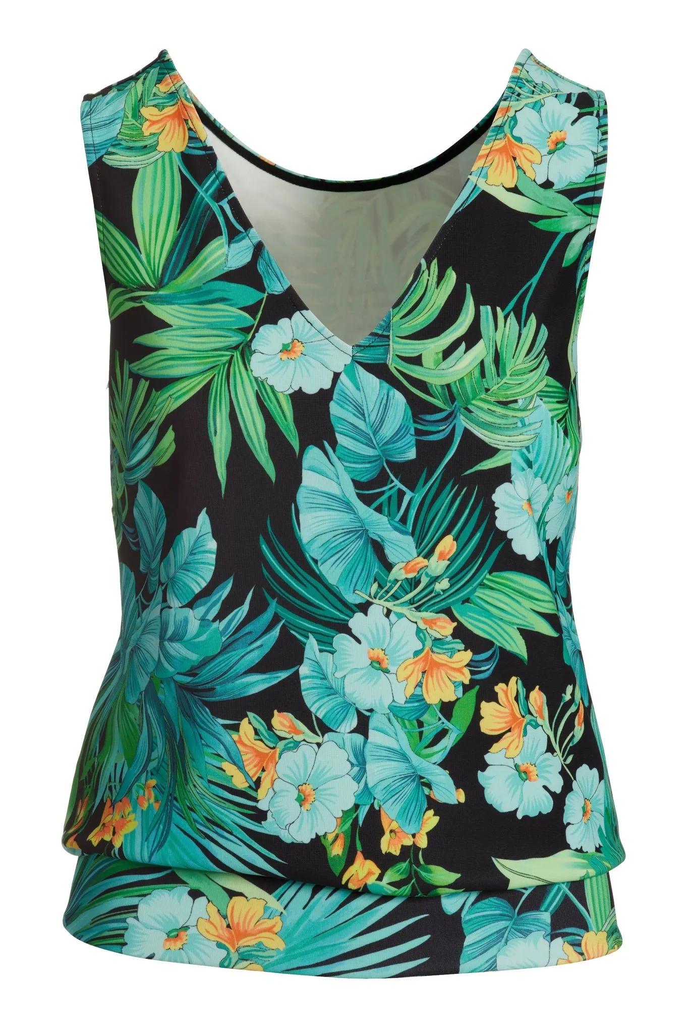 Beyond Travel Tropical Printed Sleeveless Blouson Top Green Multi