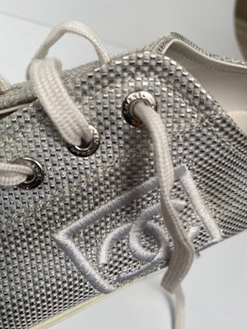 Chanel 10C, 2010 Cruise Resort Silver Metallic Canvas Woven CC Logo Tennis Shoes EU 41 US 10/11