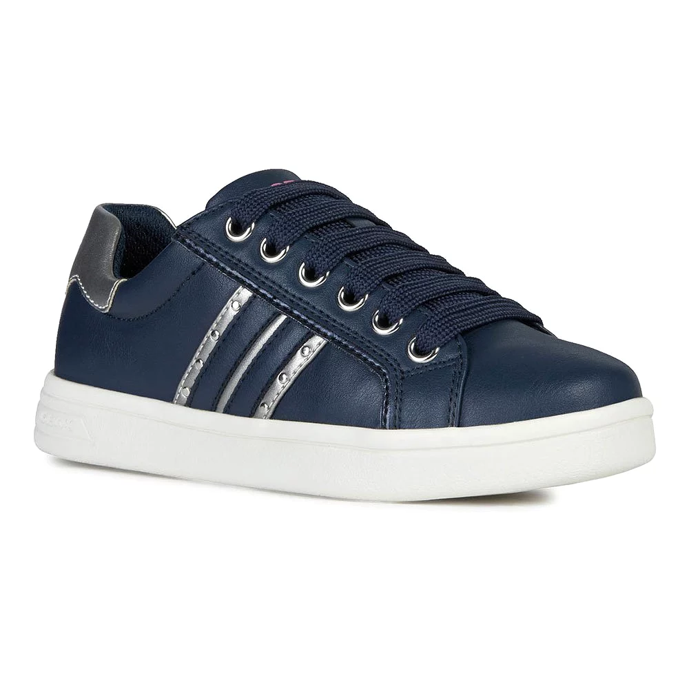 Geox DJrock Girls Navy Silver Leather Sneakers