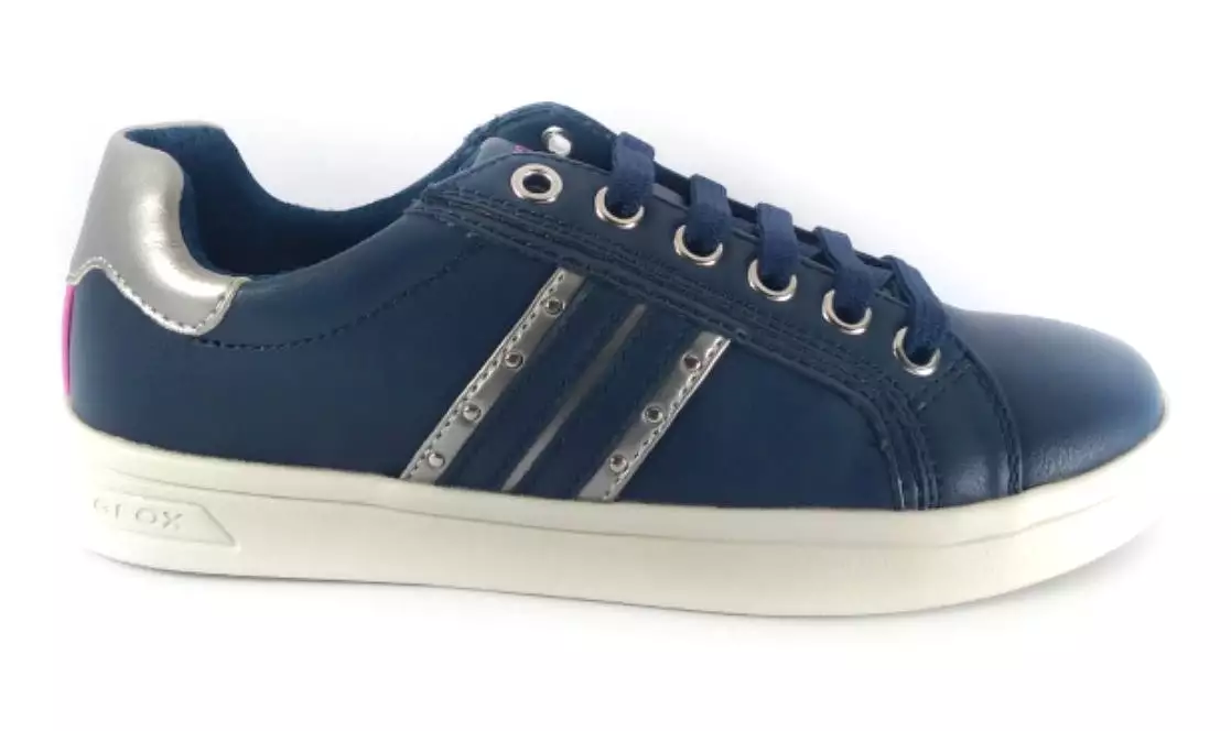 Geox DJrock Girls Navy Silver Leather Sneakers