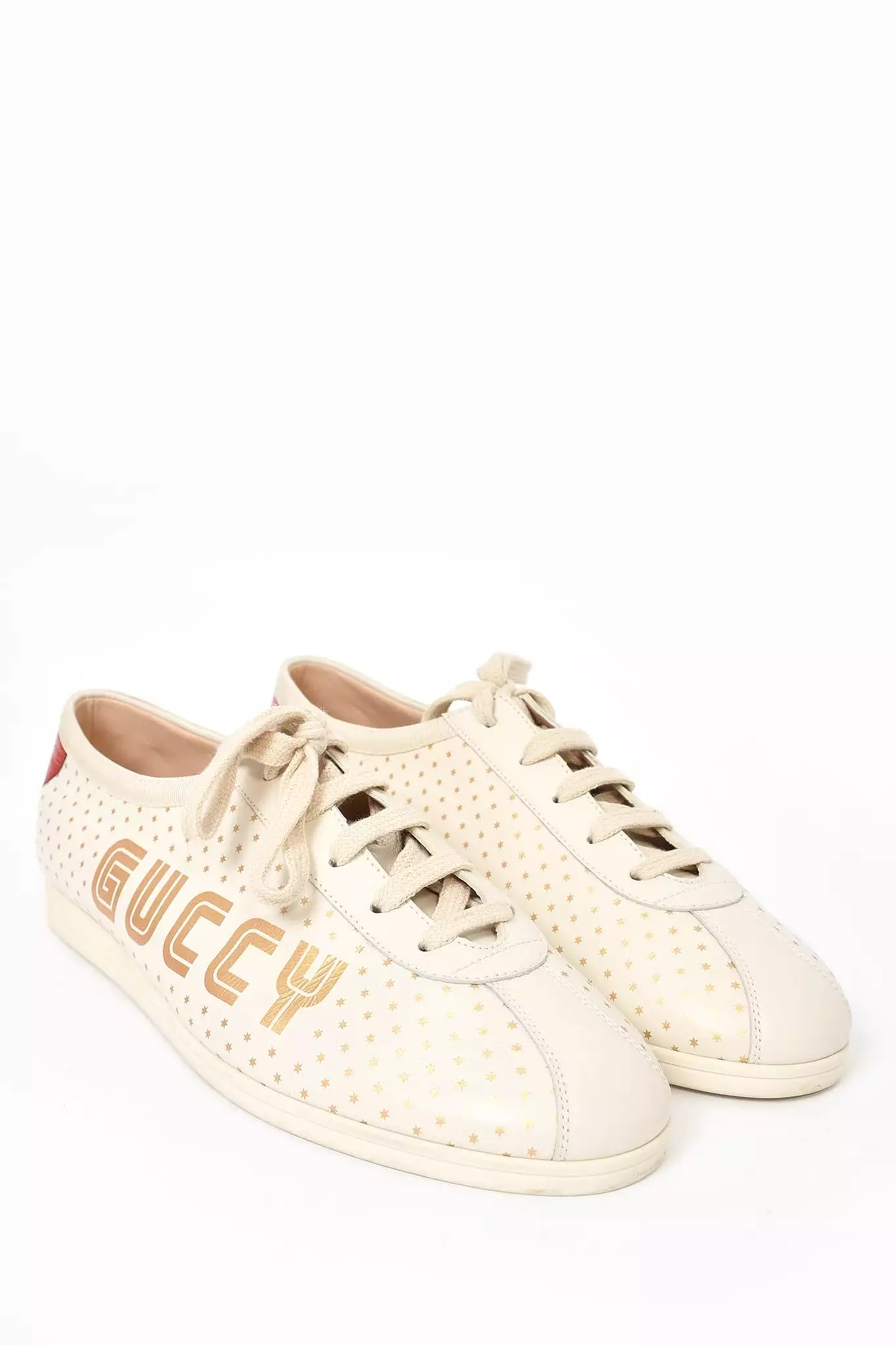 Gucci Cream/Gold Star Leather \'Guccy\' Falacer Low Top Sneakers sz 42 Mens