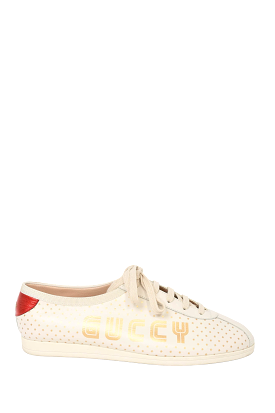 Gucci Cream/Gold Star Leather \'Guccy\' Falacer Low Top Sneakers sz 42 Mens