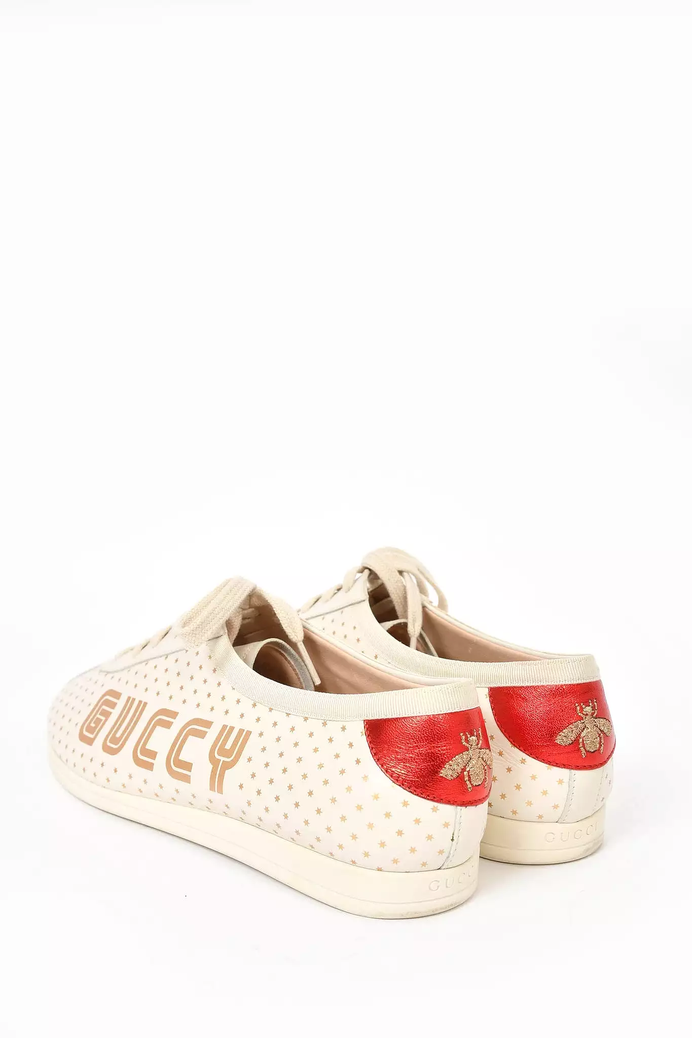 Gucci Cream/Gold Star Leather \'Guccy\' Falacer Low Top Sneakers sz 42 Mens