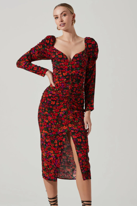 Jamila Floral Sweetheart Neck Midi Dress