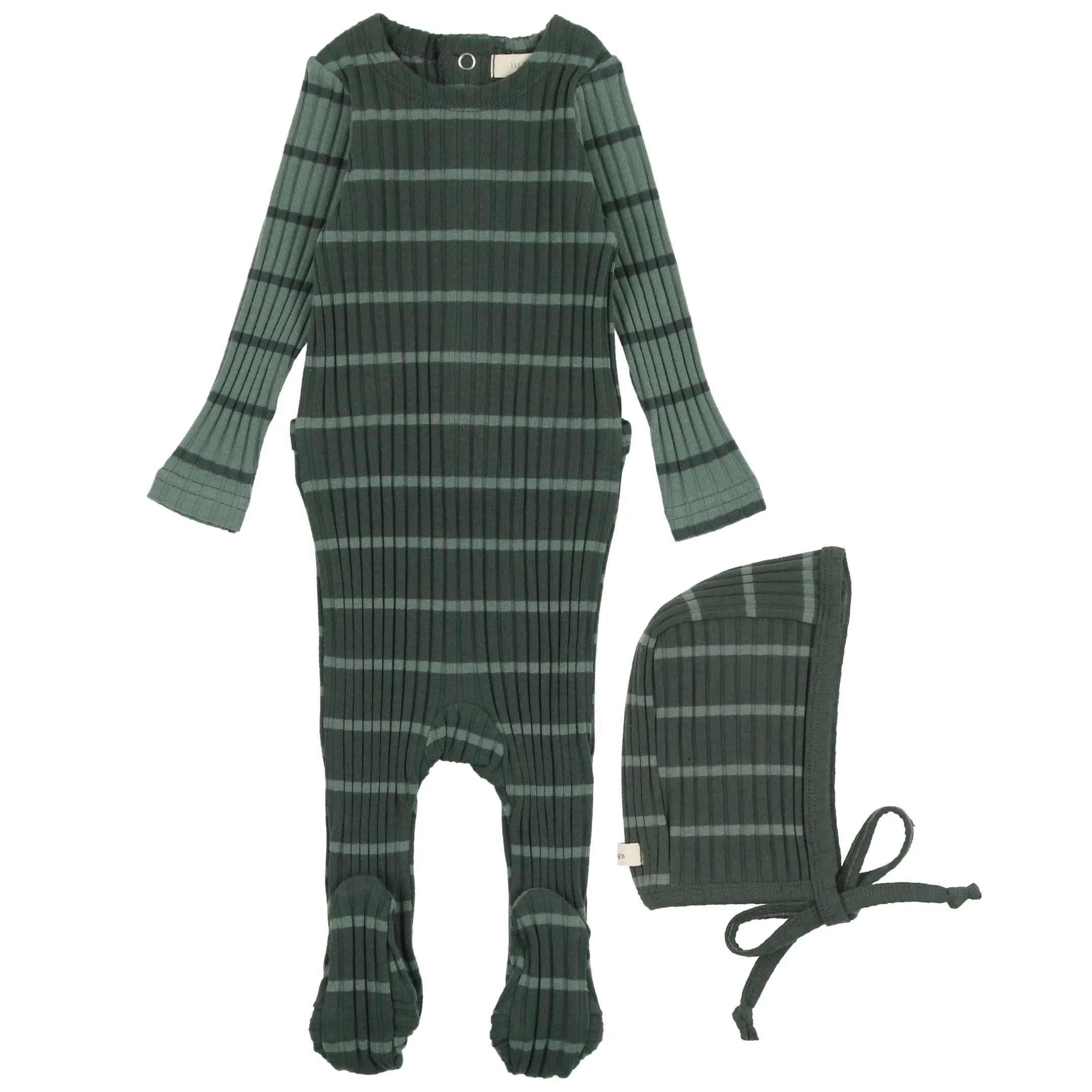 Lil Legs Green Stripe Wide Rib Stretchie and Bonnet