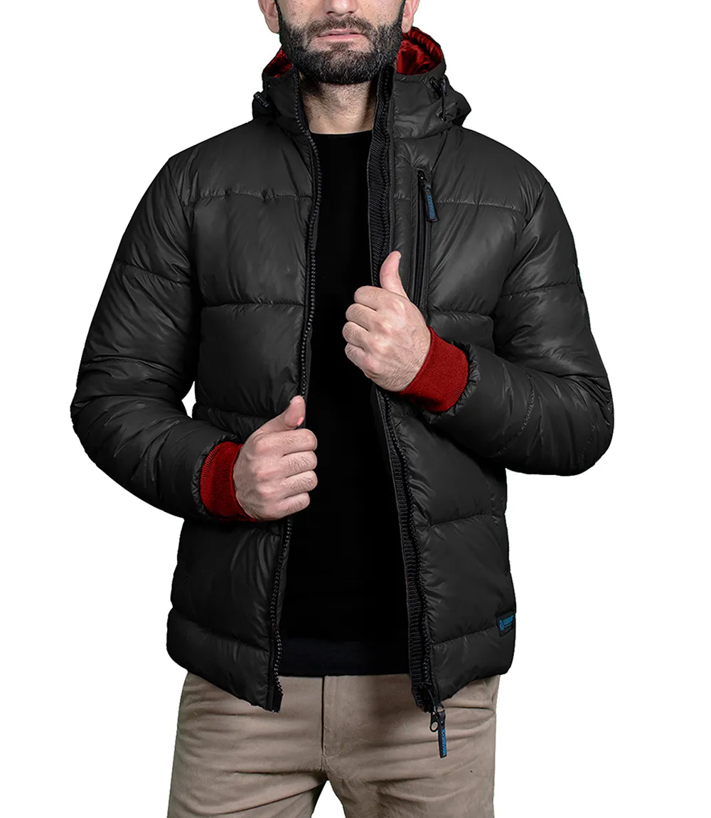 Men's Black Puffer Jacket with Hood - Down Insulation