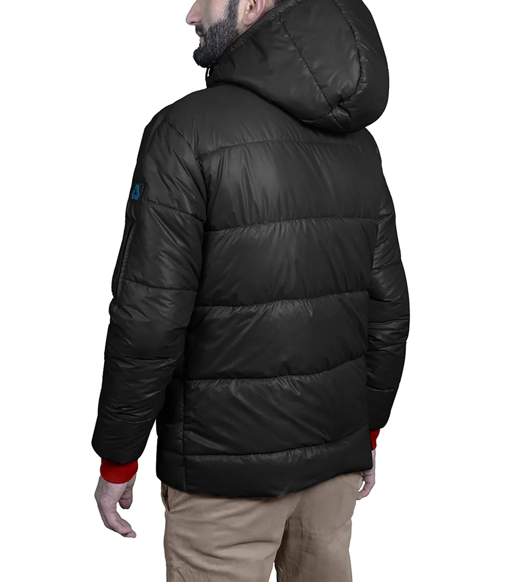 Men's Black Puffer Jacket with Hood - Down Insulation