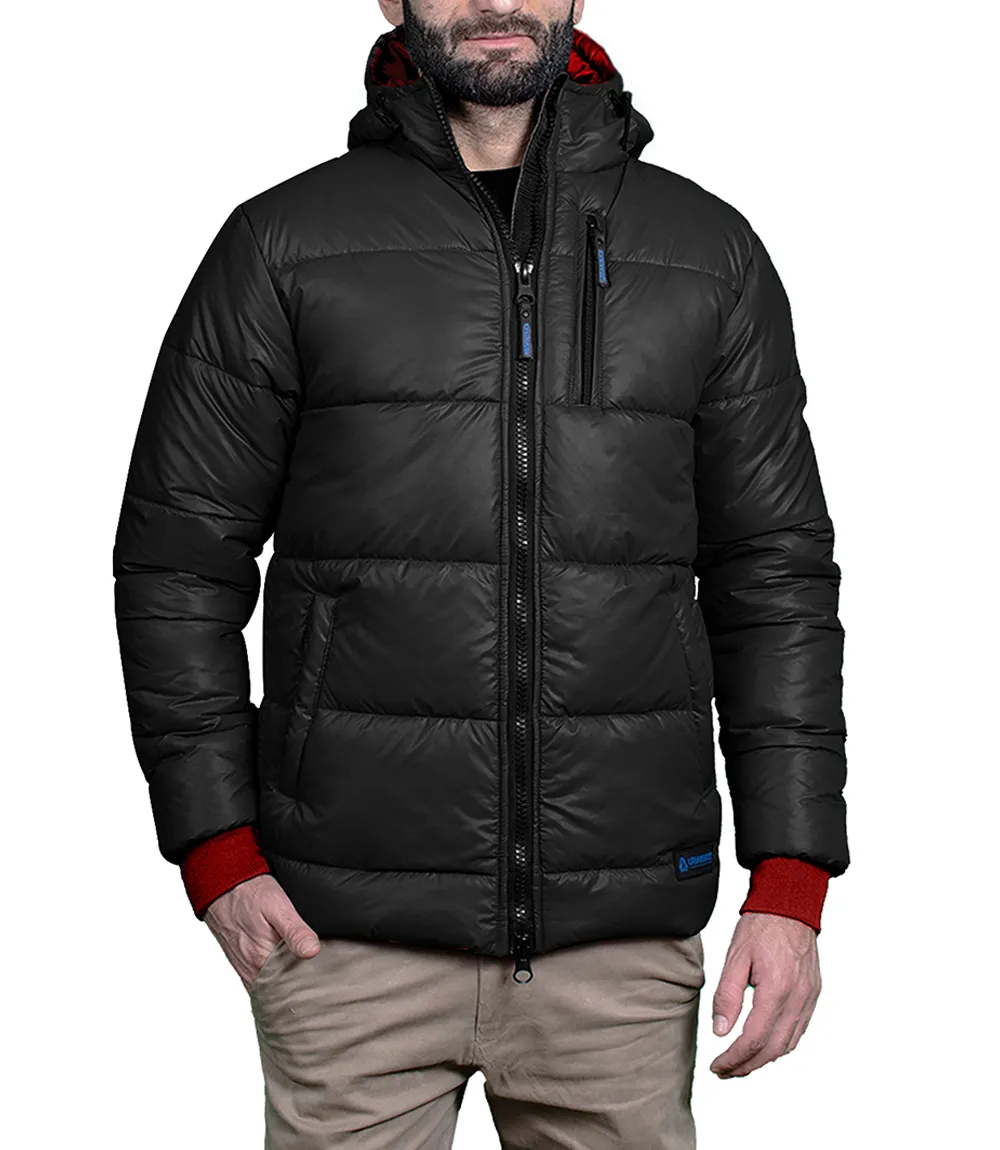 Men's Black Puffer Jacket with Hood - Down Insulation