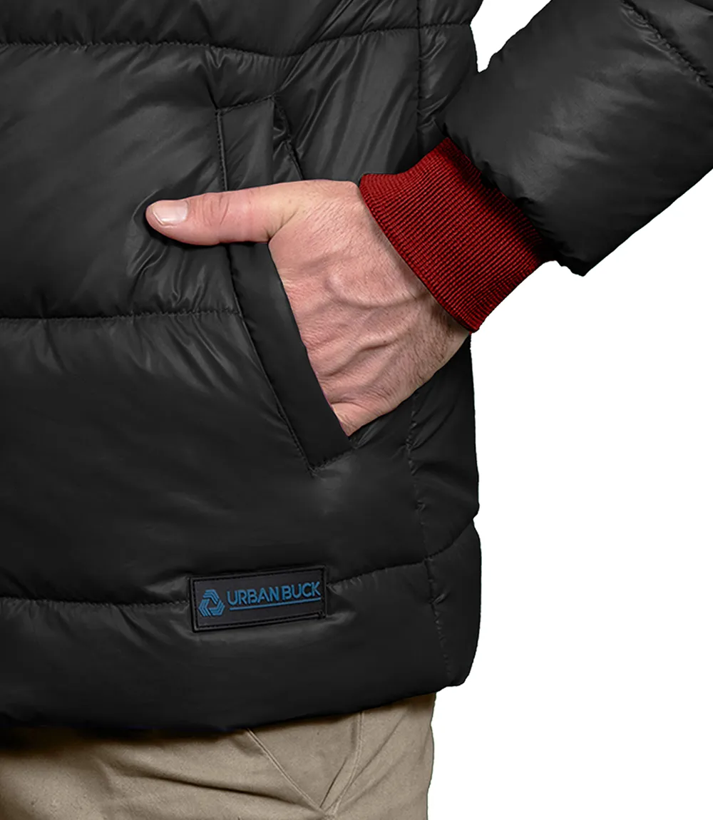 Men's Black Puffer Jacket with Hood - Down Insulation