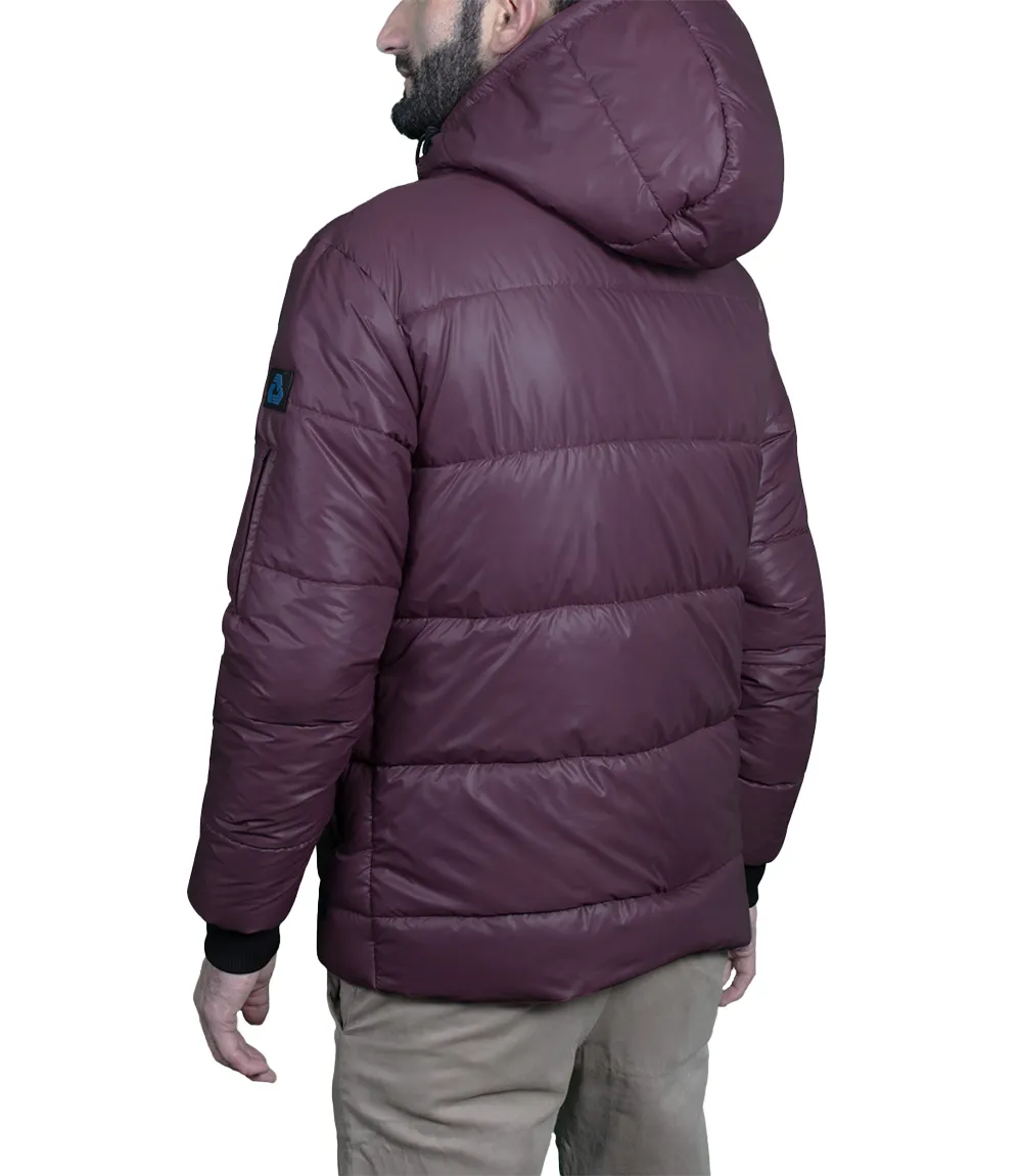 Men's Maroon Puffer Jacket with Hood - Down Insulation