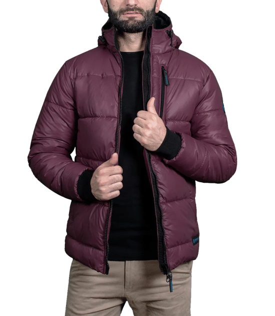 Men's Maroon Puffer Jacket with Hood - Down Insulation