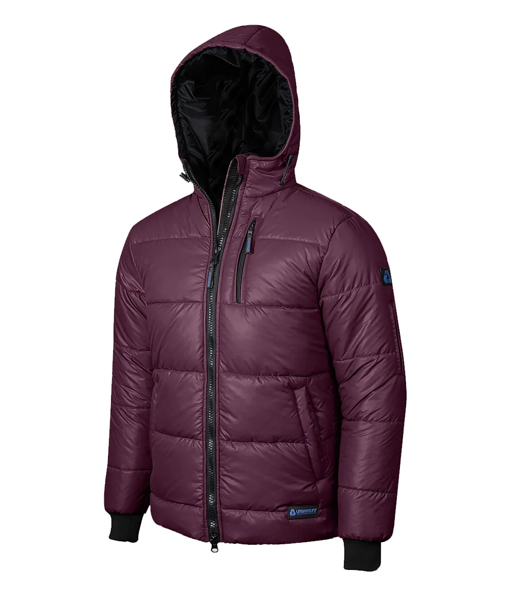 Men's Maroon Puffer Jacket with Hood - Down Insulation