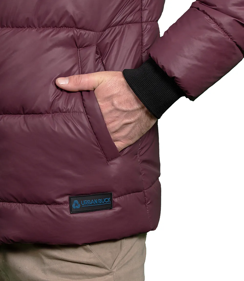 Men's Maroon Puffer Jacket with Hood - Down Insulation