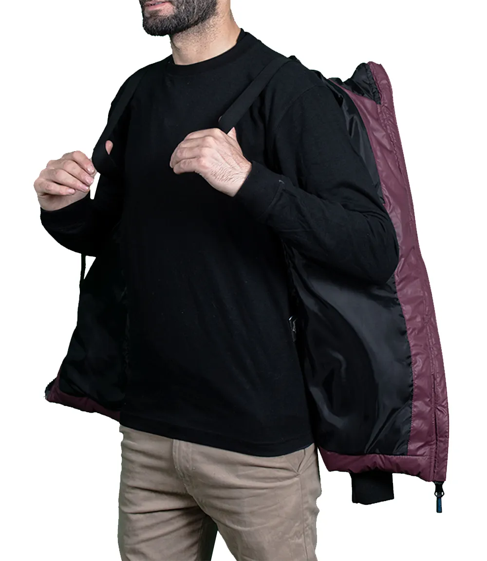 Men's Maroon Puffer Jacket with Hood - Down Insulation