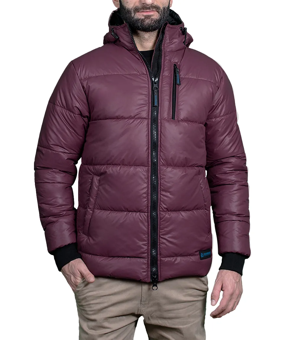 Men's Maroon Puffer Jacket with Hood - Down Insulation