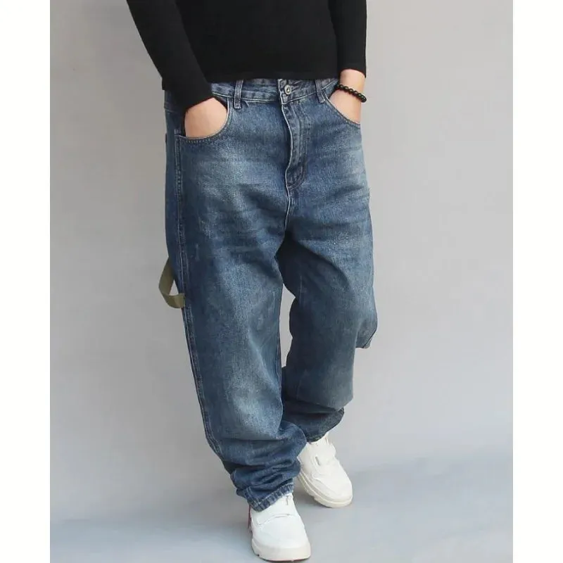 Men's Denim Blue Hip-hop Patchwork Loose Streetwear Harem Pants