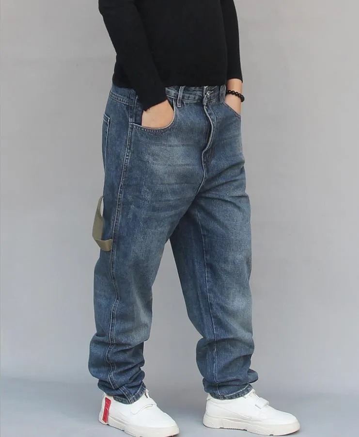 Men's Denim Blue Hip-hop Patchwork Loose Streetwear Harem Pants