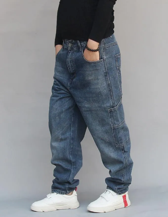 Men's Denim Blue Hip-hop Patchwork Loose Streetwear Harem Pants