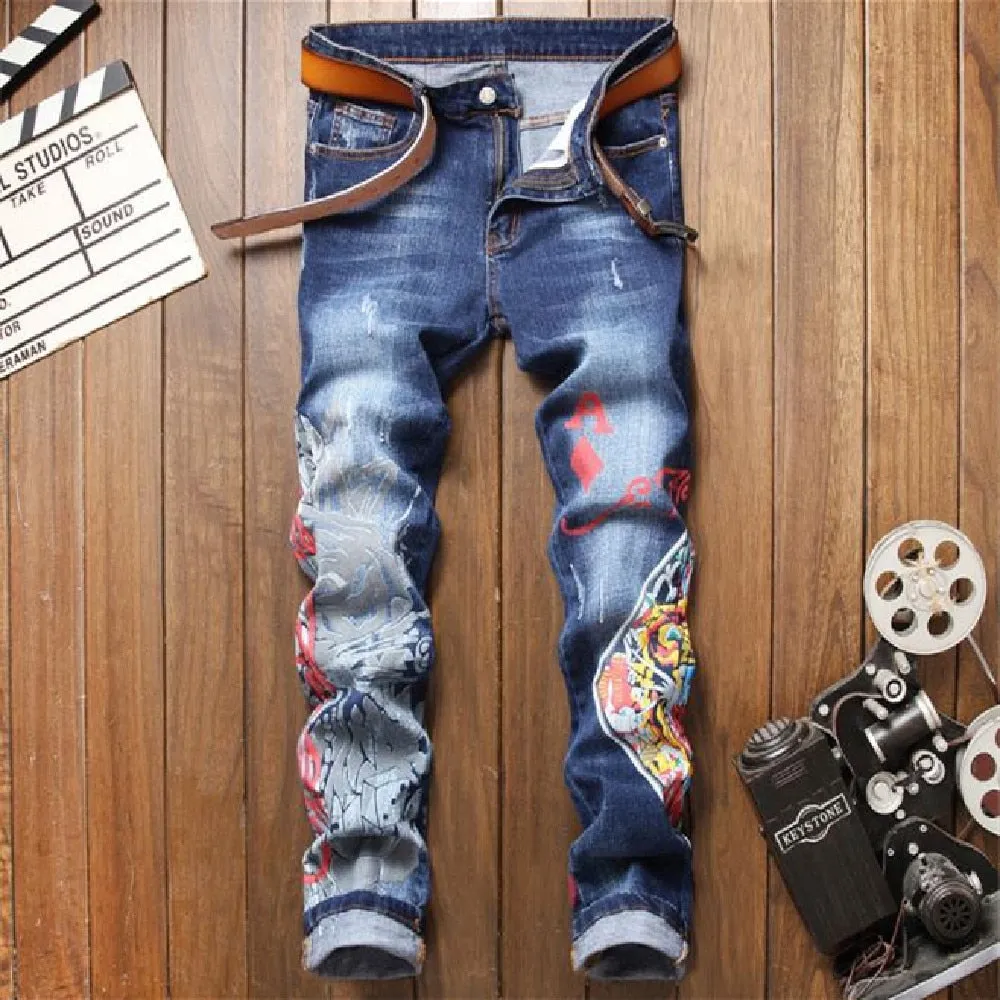 Men's Printed Grinding Slim Fit Mid Waist Casual Elastic Skinny Jeans Pants