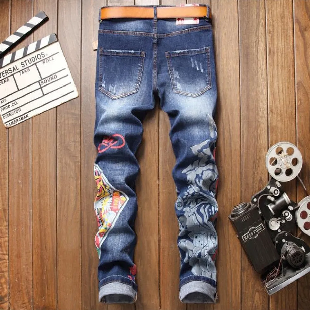 Men's Printed Grinding Slim Fit Mid Waist Casual Elastic Skinny Jeans Pants