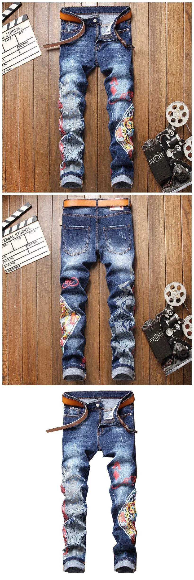 Men's Printed Grinding Slim Fit Mid Waist Casual Elastic Skinny Jeans Pants