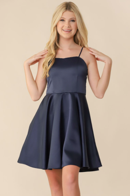 Navy Satin Fit and Flare Dress