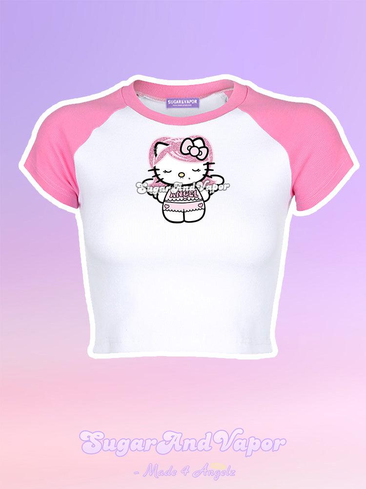 Pink Angel Kitty Raglan Crop Tee