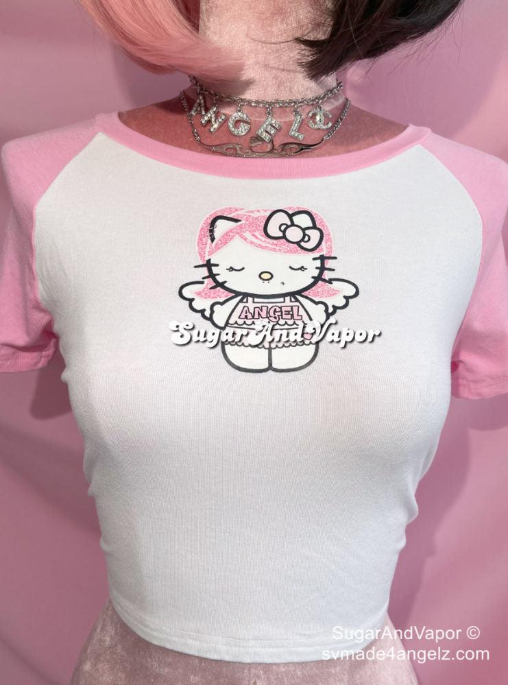 Pink Angel Kitty Raglan Crop Tee