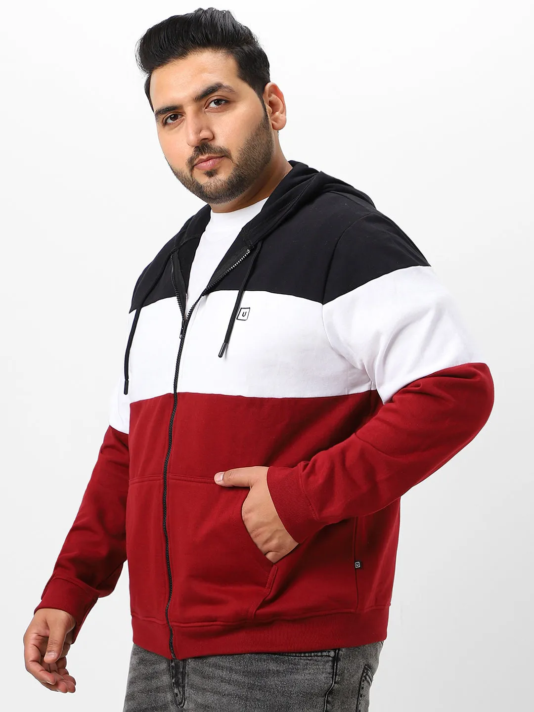 Plus Men's Black, White, Maroon Cotton Zippered Hooded Casual Winterwear Sweatshirt