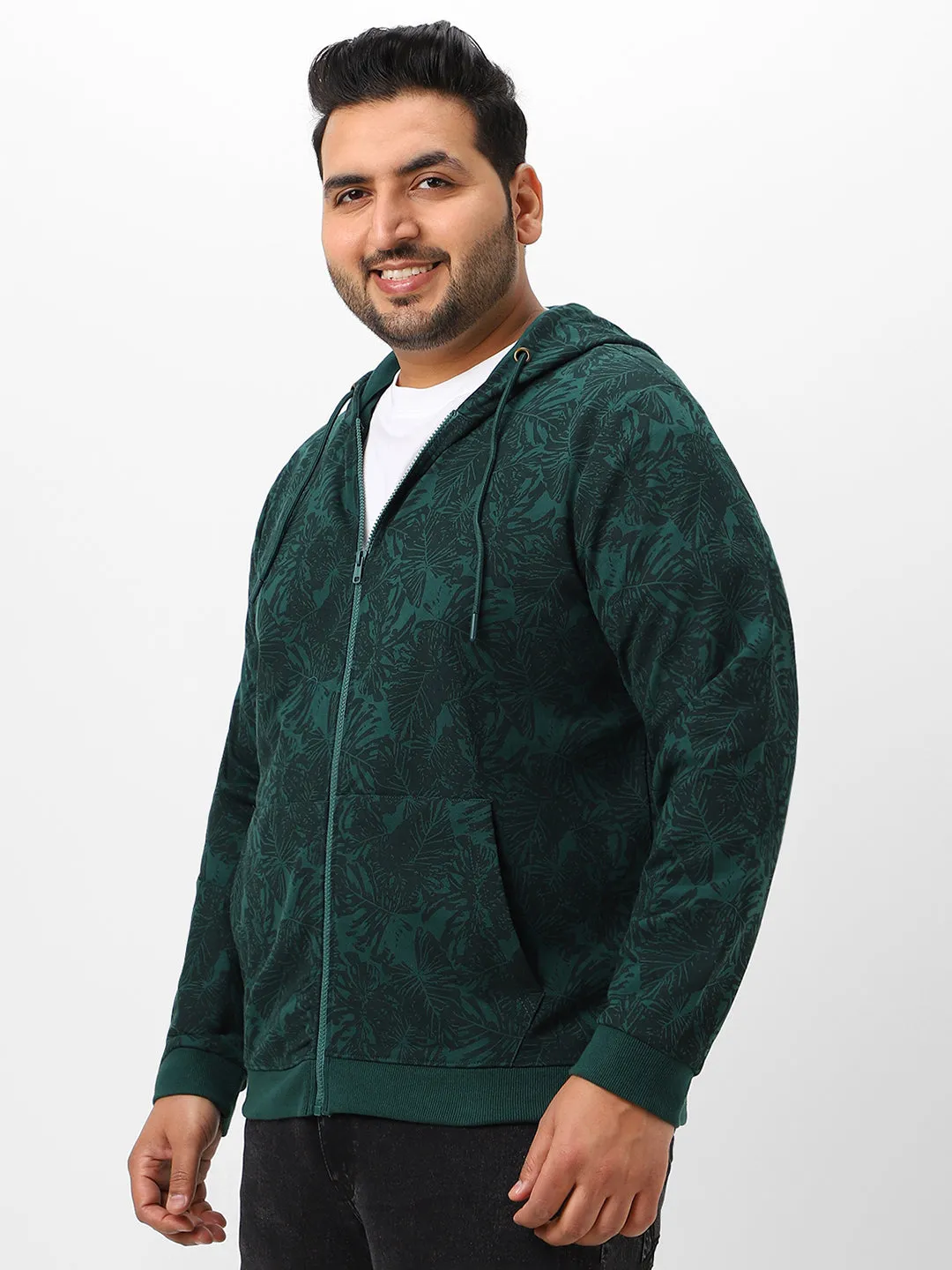 Plus Men's Dark Green Regular Fit Printed Full Sleeve Casual Winterwear Hooded Sweatshirt