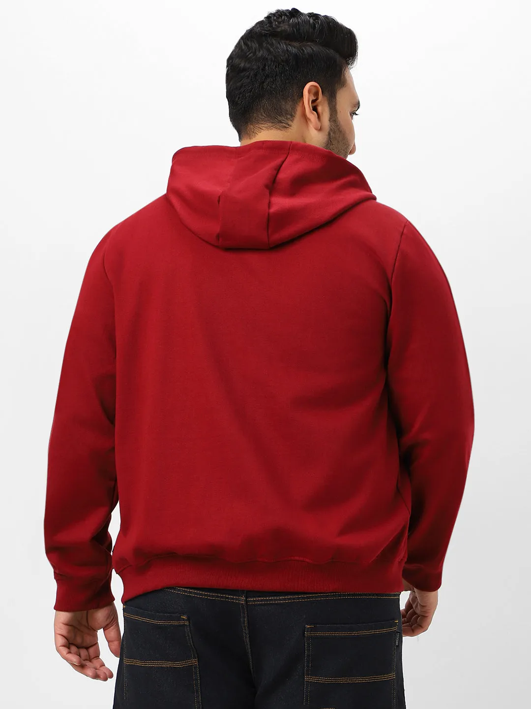 Plus Men's Maroon Solid Cotton Zippered Hooded Casual Winterwear Sweatshirt