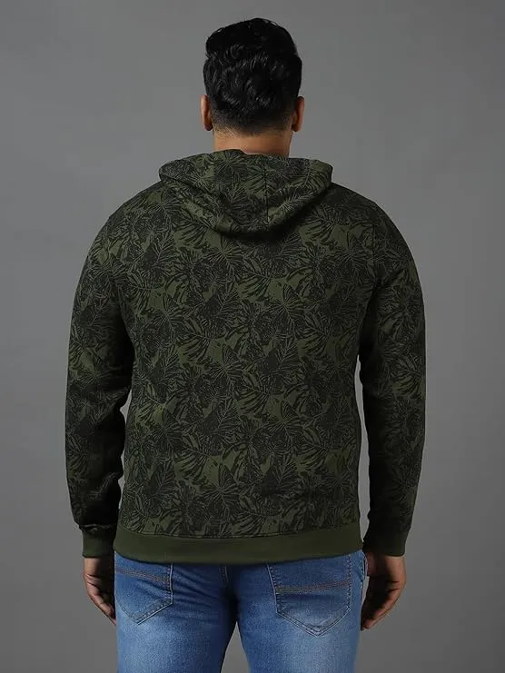 Plus Men's Olive Green Regular Fit Printed Full Sleeve Casual Winterwear Hooded Sweatshirt