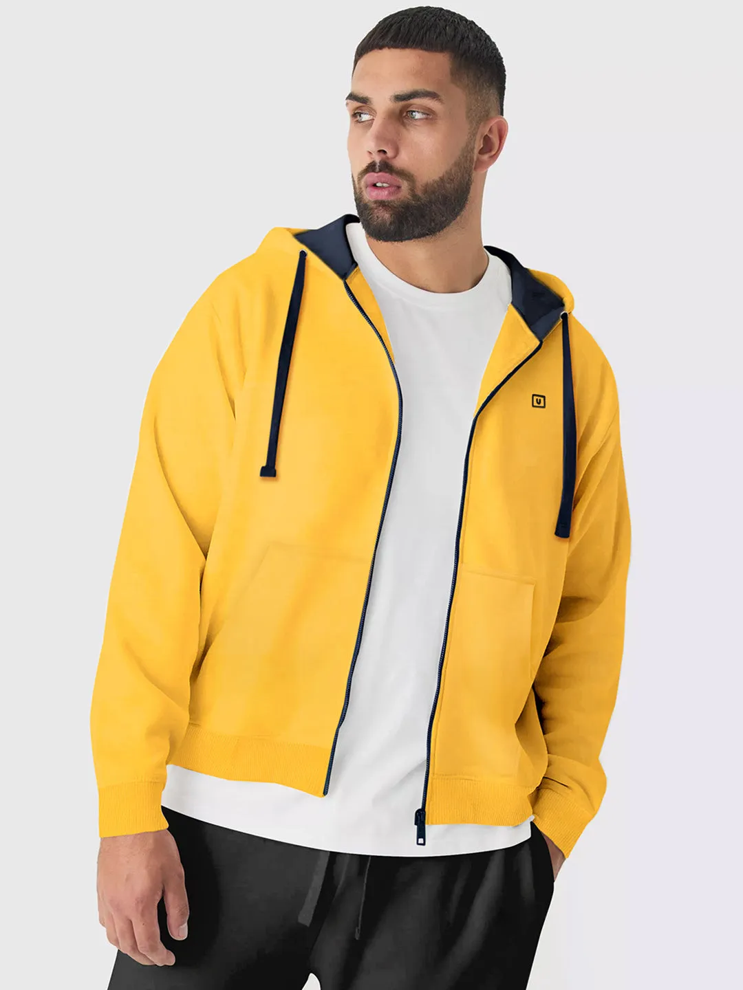 Plus Men's Yellow Solid Cotton Zippered Hooded Casual Winterwear Sweatshirt