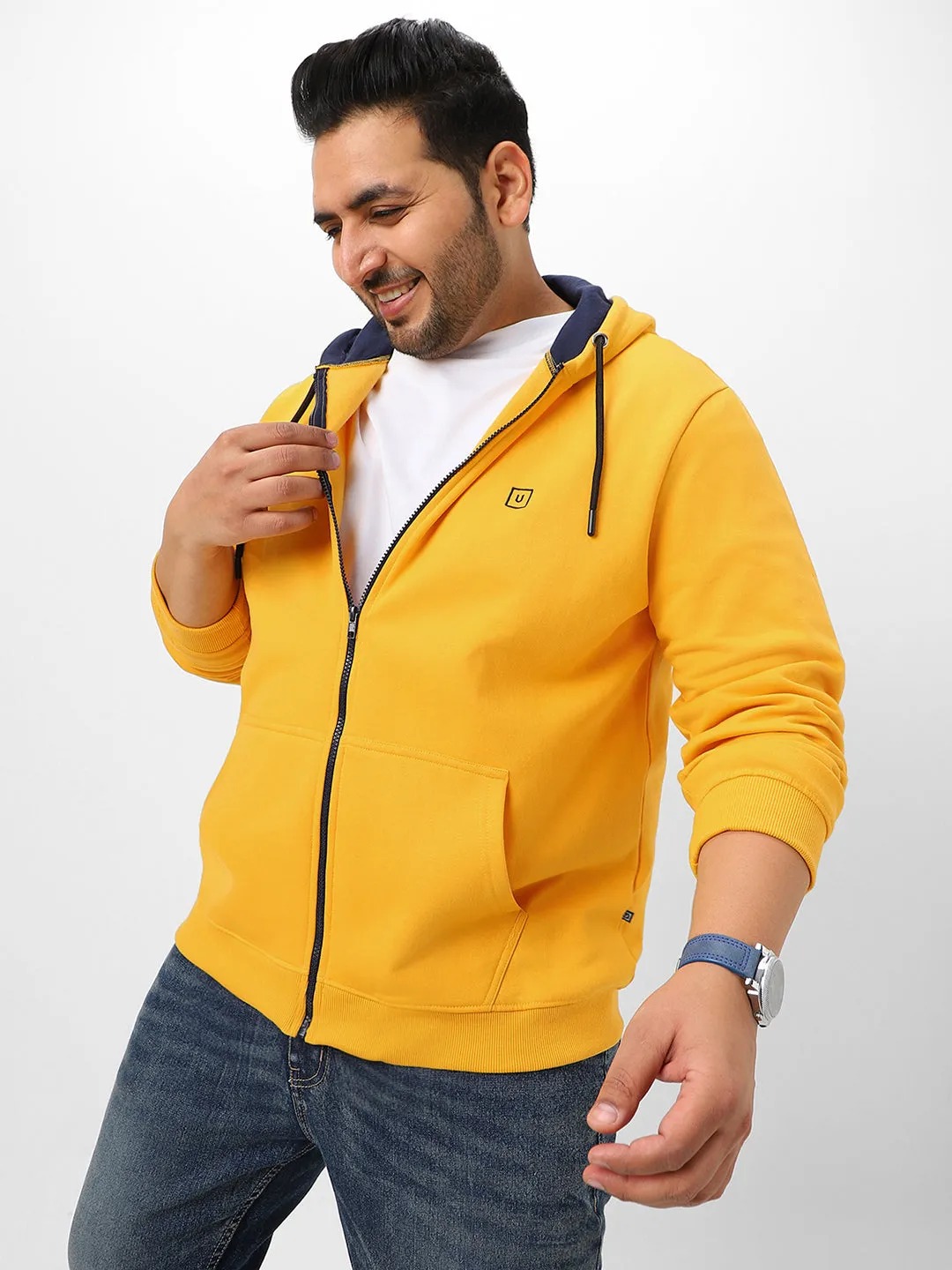 Plus Men's Yellow Solid Cotton Zippered Hooded Casual Winterwear Sweatshirt