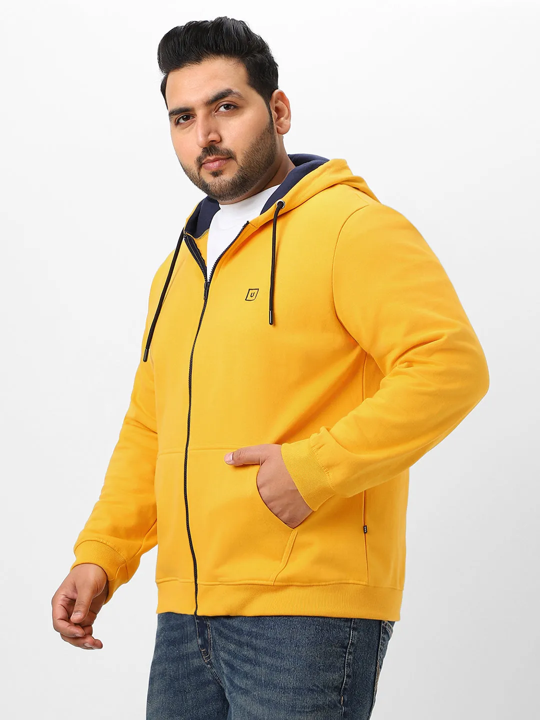 Plus Men's Yellow Solid Cotton Zippered Hooded Casual Winterwear Sweatshirt