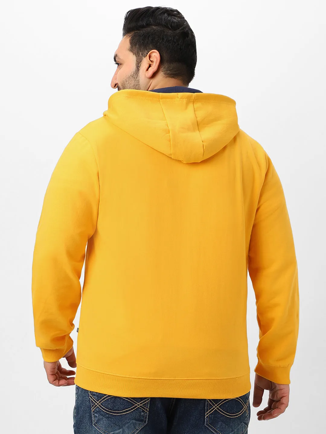 Plus Men's Yellow Solid Cotton Zippered Hooded Casual Winterwear Sweatshirt