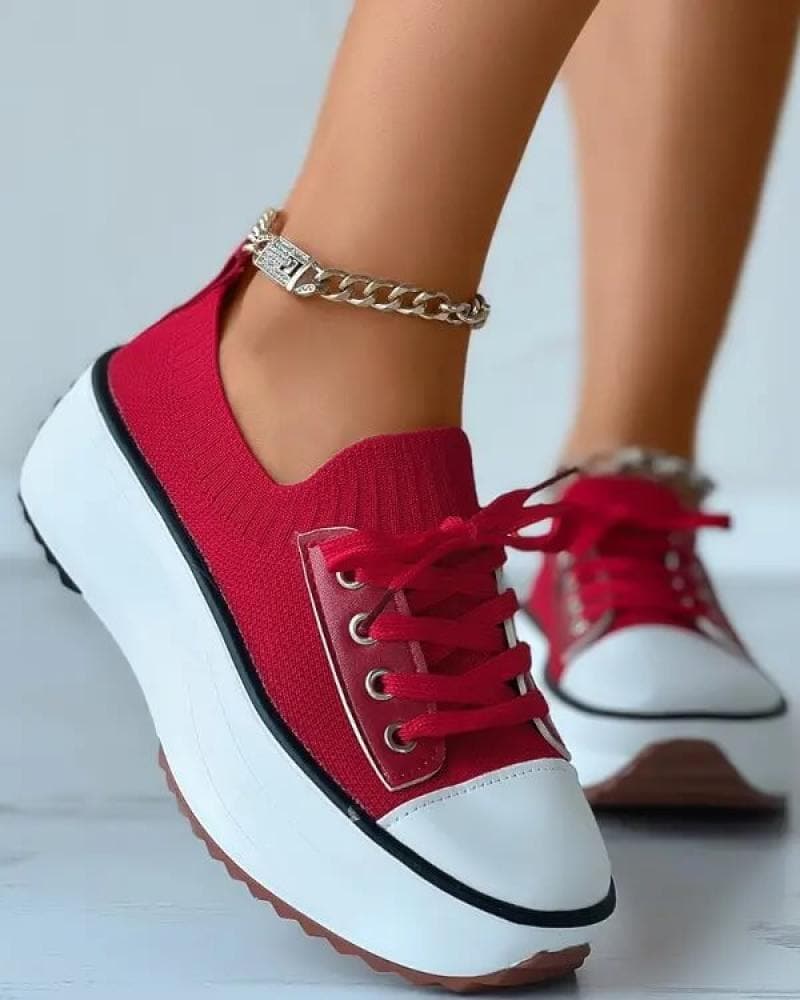 Solid Color Round Toe Platform Lace-up Sneakers