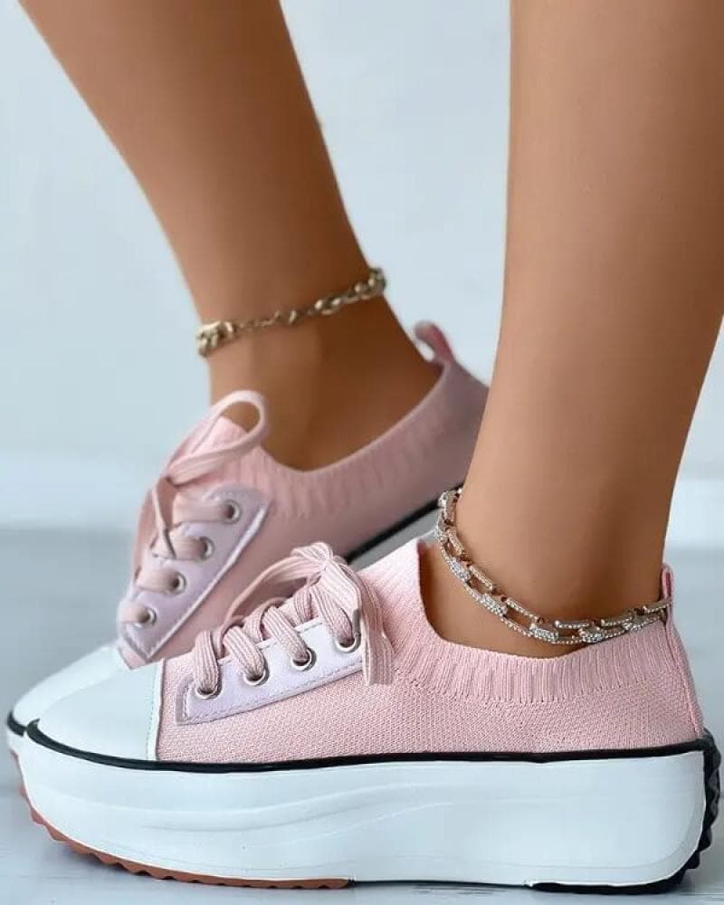 Solid Color Round Toe Platform Lace-up Sneakers