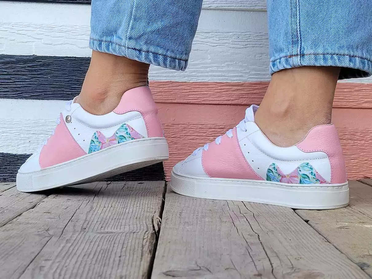 White Leather Sneakers with Pink Leather and Print Canvas Flowers